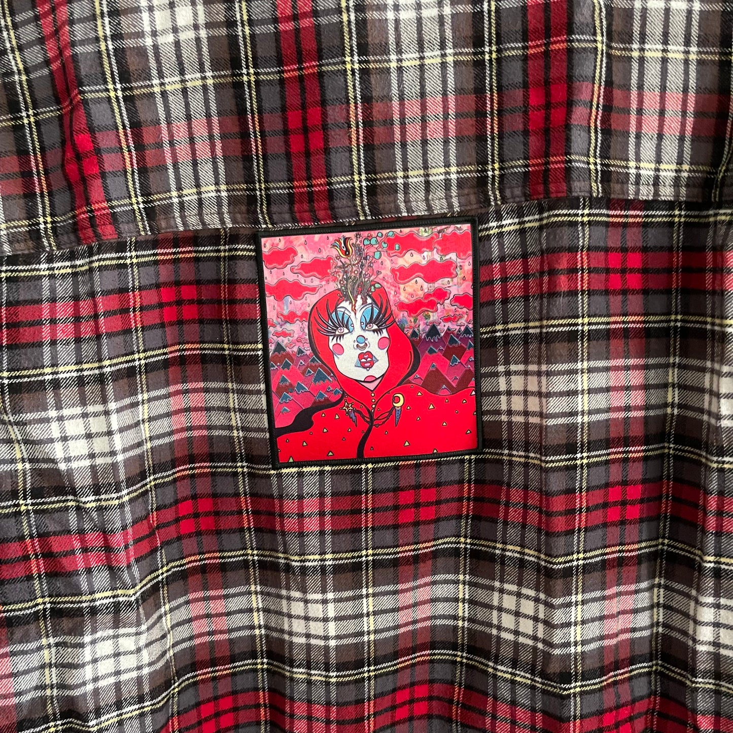 Red Two of Wands Plaid Button Up